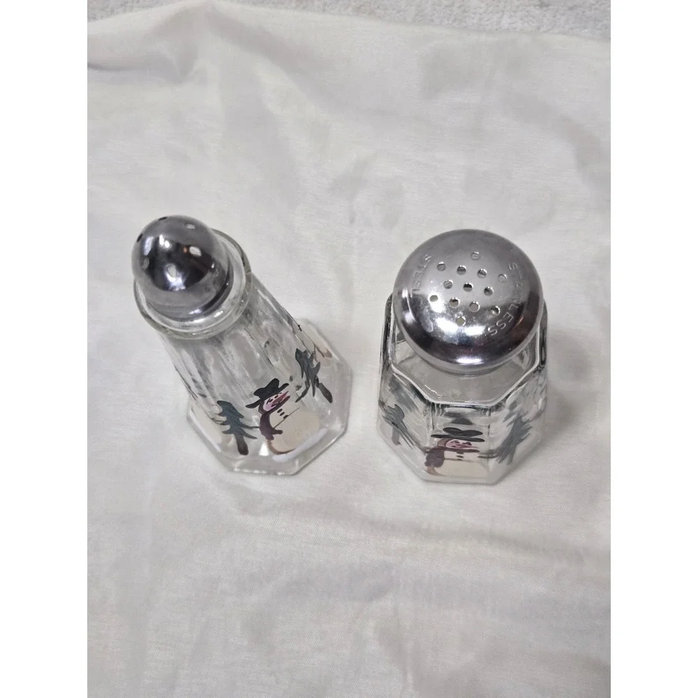 Vintage Hand Painted Snowman Glass Salt and Pepper Shakers Set Winter Christmas
